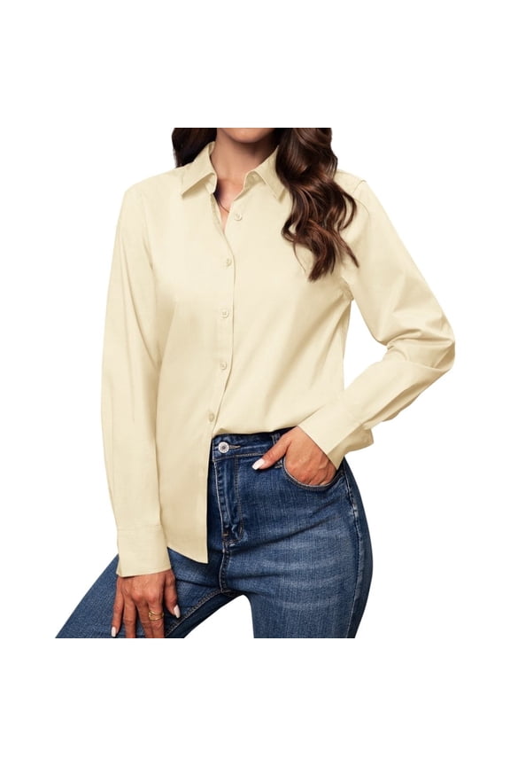 Women's Button Down Dress Shirts Cotton Long Sleeve Blouse Classic Fit Work Business Casual Tops Beige