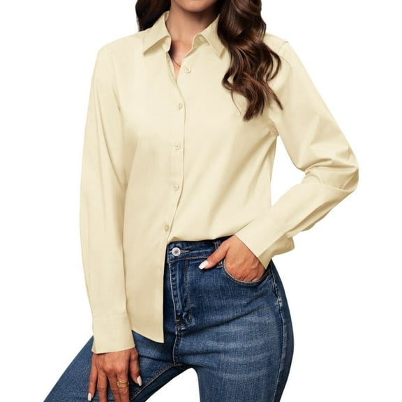 Siliteelon Women's Button Down Dress Shirts Cotton Long Sleeve Blouse Classic Fit Work Business Casual Tops Beige