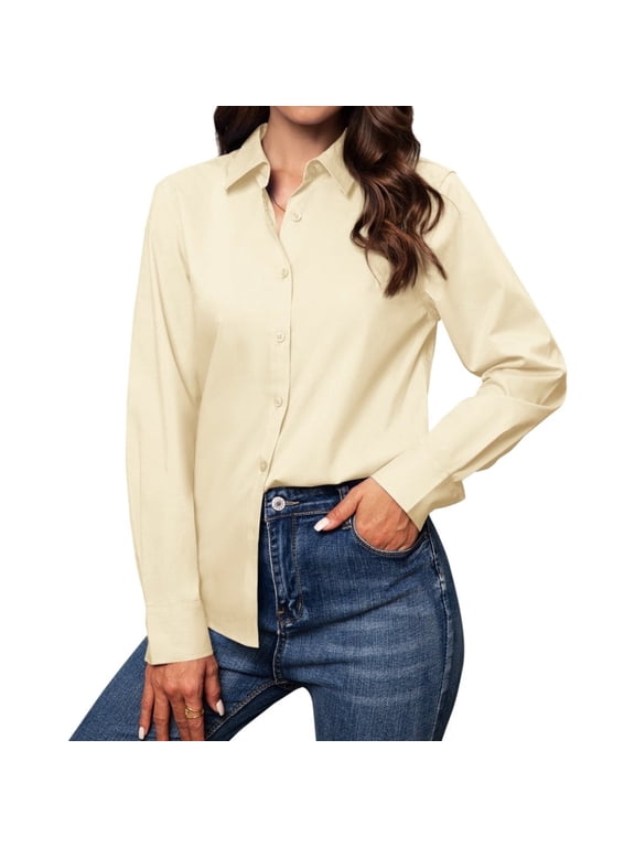 Women's Button Down Dress Shirts Cotton Long Sleeve Blouse Classic Fit Work Business Casual Tops Beige