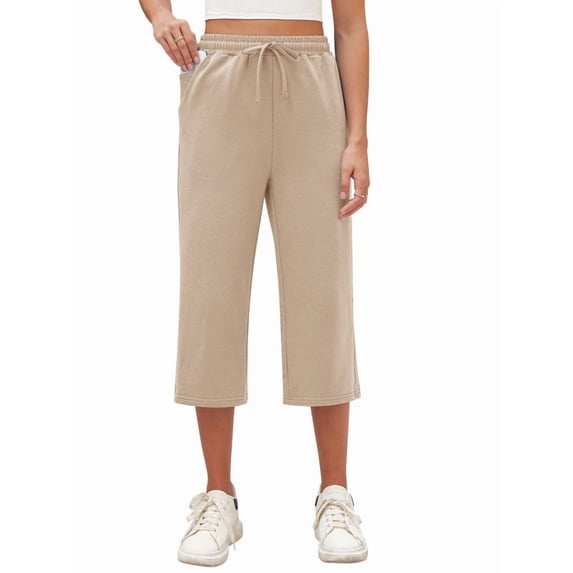 Siliteelon Women's Capri Lounge Pants Khaki Drawstring Soft Workout Sweatpants Causal Yoga Pants with Pockets Loose Fit