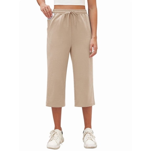 Siliteelon Women's Capri Lounge Pants Khaki Drawstring Soft Workout Sweatpants Causal Yoga Pants with Pockets Loose Fit