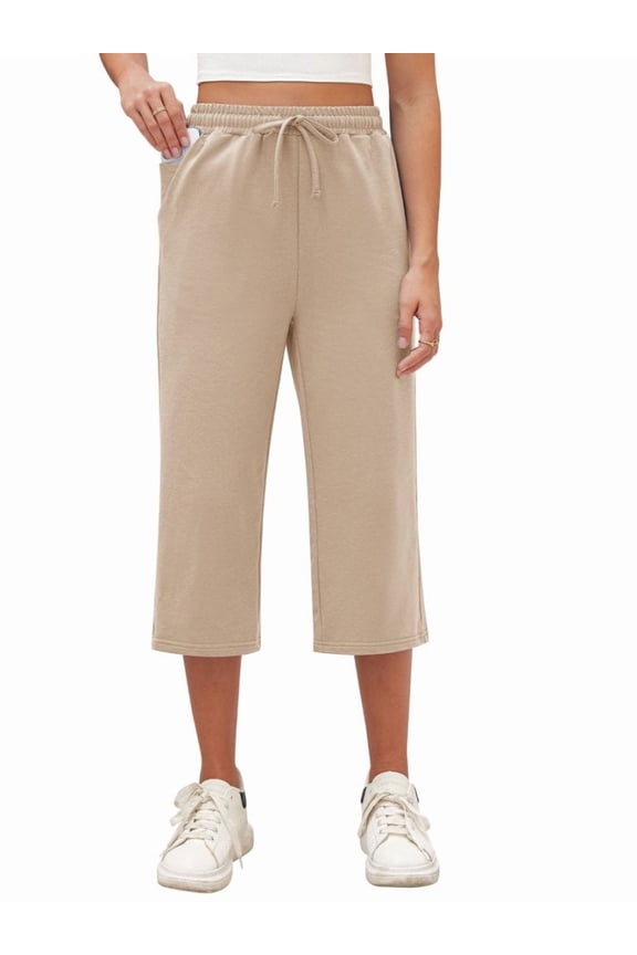 Women's Capri Lounge Pants Khaki Drawstring Soft Workout Sweatpants Causal Yoga Pants with Pockets Loose Fit
