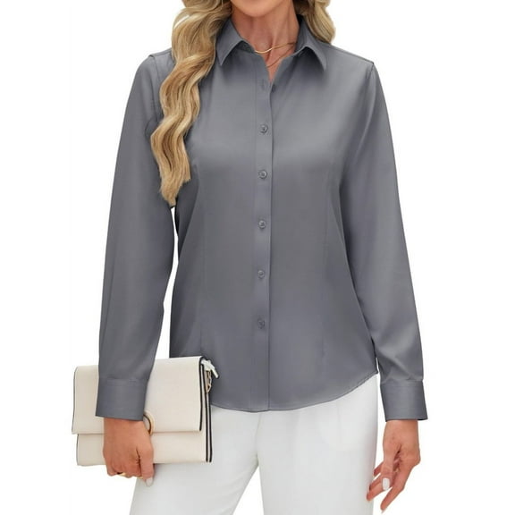 Siliteelon Women's Long Sleeve Button Down Shirts Wrinkle-Free Office Work Blouse