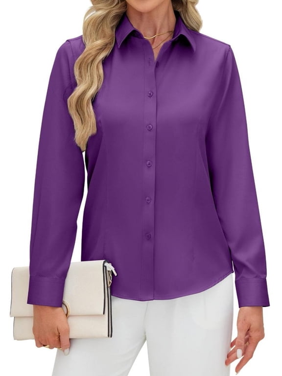 Women's Long Sleeve Button Down Shirts Wrinkle-Free Office Work Blouse