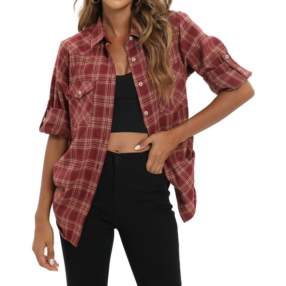 Siliteelon Womens Flannel Shacket Button Down Plaid Long Sleeve Casual Business Blouse Top Fall Winter Outfits