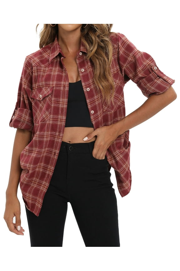 Womens Flannel Shacket Button Down Plaid Long Sleeve Casual Business Blouse Top Fall Winter Outfits