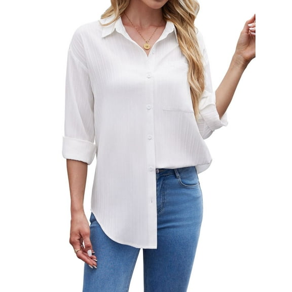 Siliteelon Women's White Textured Button-Down Long-Sleeve Casual Shirt with Pockets - Fresh and Minimalist for Daily Casual Wear
