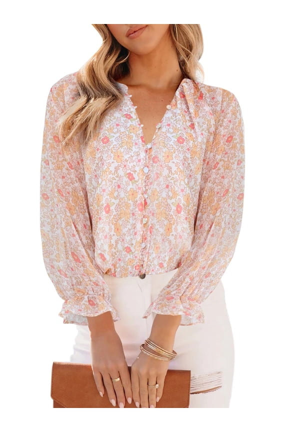 Womens Boho Floral Casual Shirts V Neck Ruffle Long Sleeve Blouses Chiffon Tops
