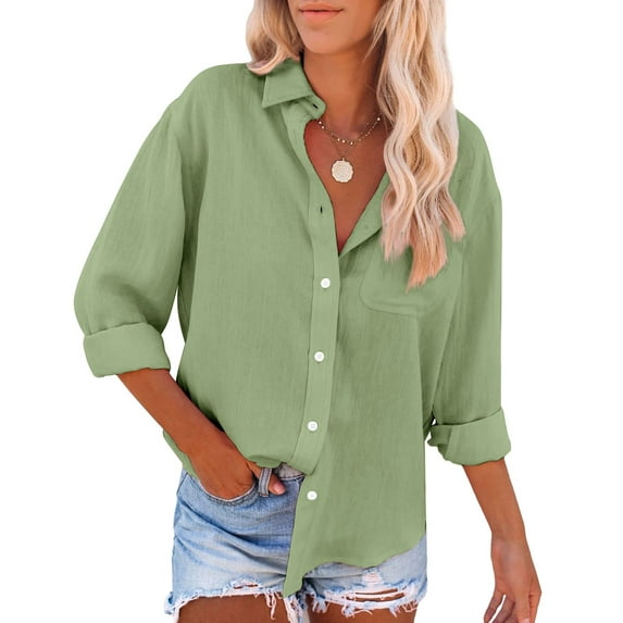 Siliteelon Womens Button Down Shirts Long Sleeve V Neck Cotton Blouse Tops with Pocket