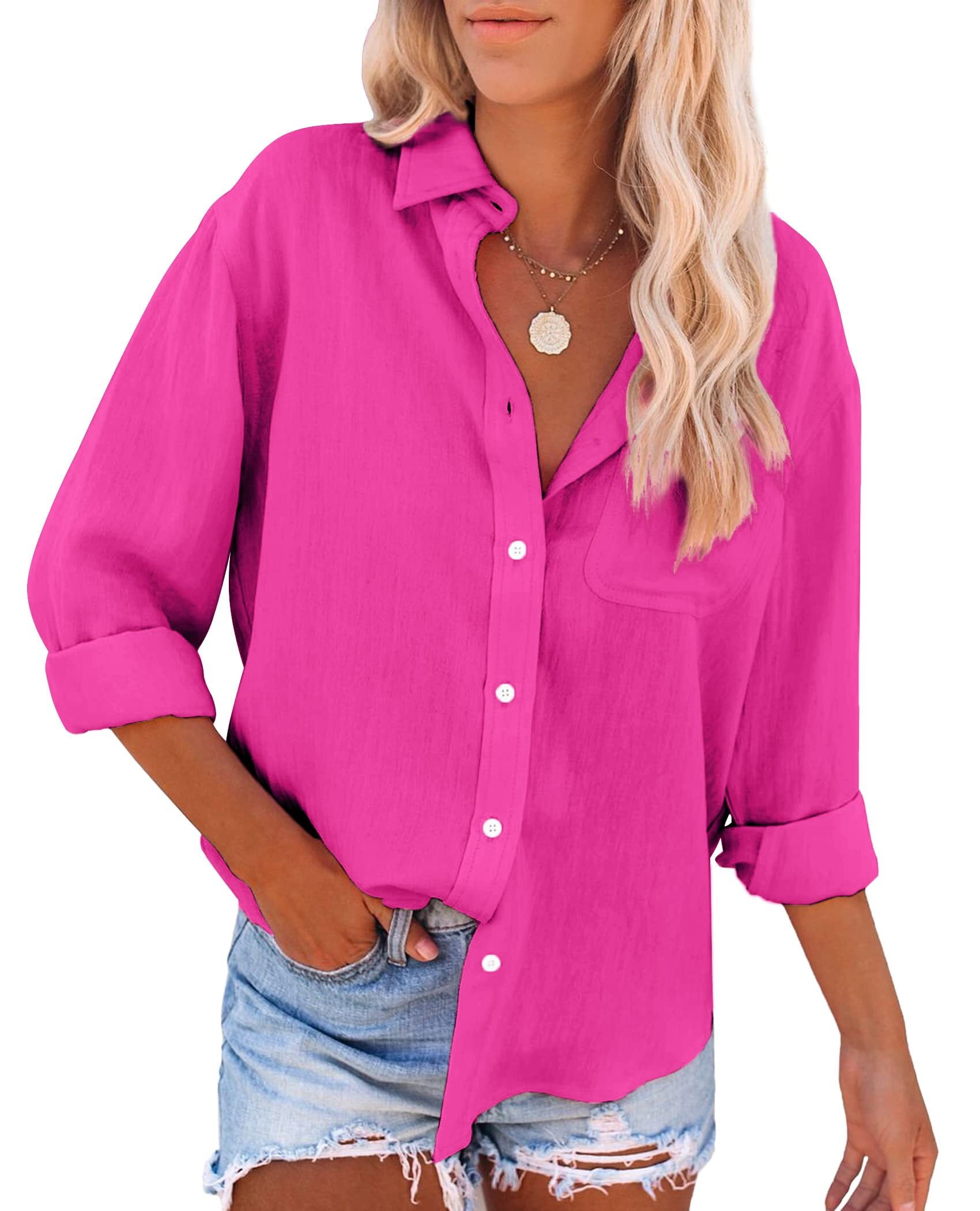 Siliteelon Womens Button Down Shirts Long Sleeve V Neck Cotton Blouse ...