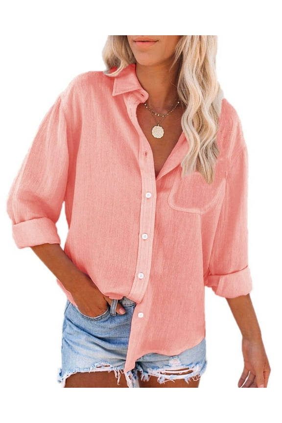 Womens Button Down Shirts Long Sleeve V Neck Cotton Blouse Tops with Pocket