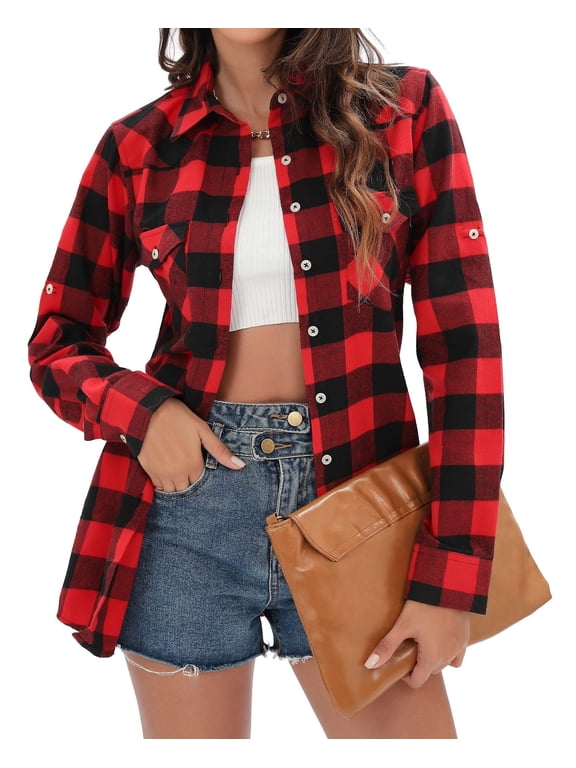 Womens Flannel Shacket Button Down Plaid Long Sleeve Casual Business Blouse Top Fall Winter Outfits
