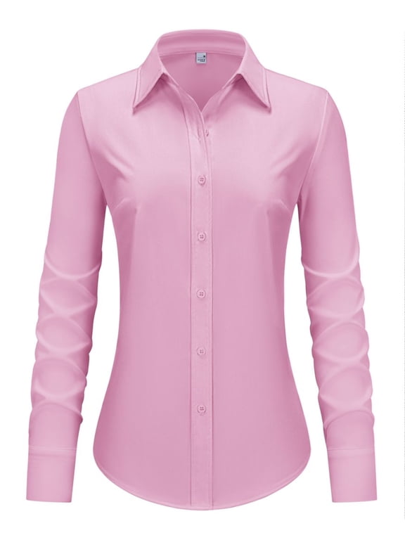Womens TR Fabric Stretchy Knit Button Down Shirts Business Work Blouses Long Sleeve Collared Office Corset Tops