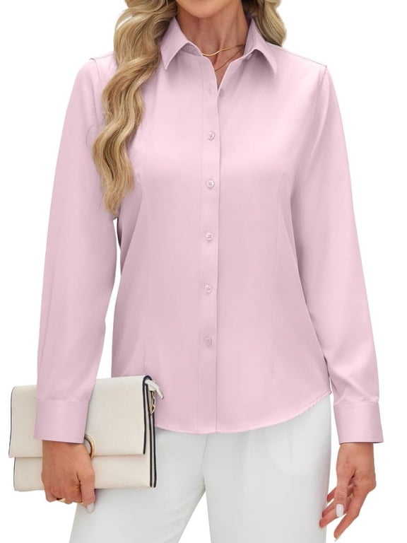 Womens Long Sleeve Casual Button Down Shirts Office Work Blouse Classic-Fit