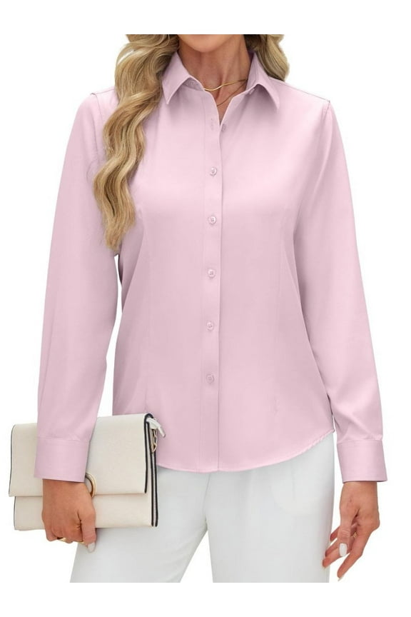 Womens Long Sleeve Casual Button Down Shirts Office Work Blouse Classic-Fit