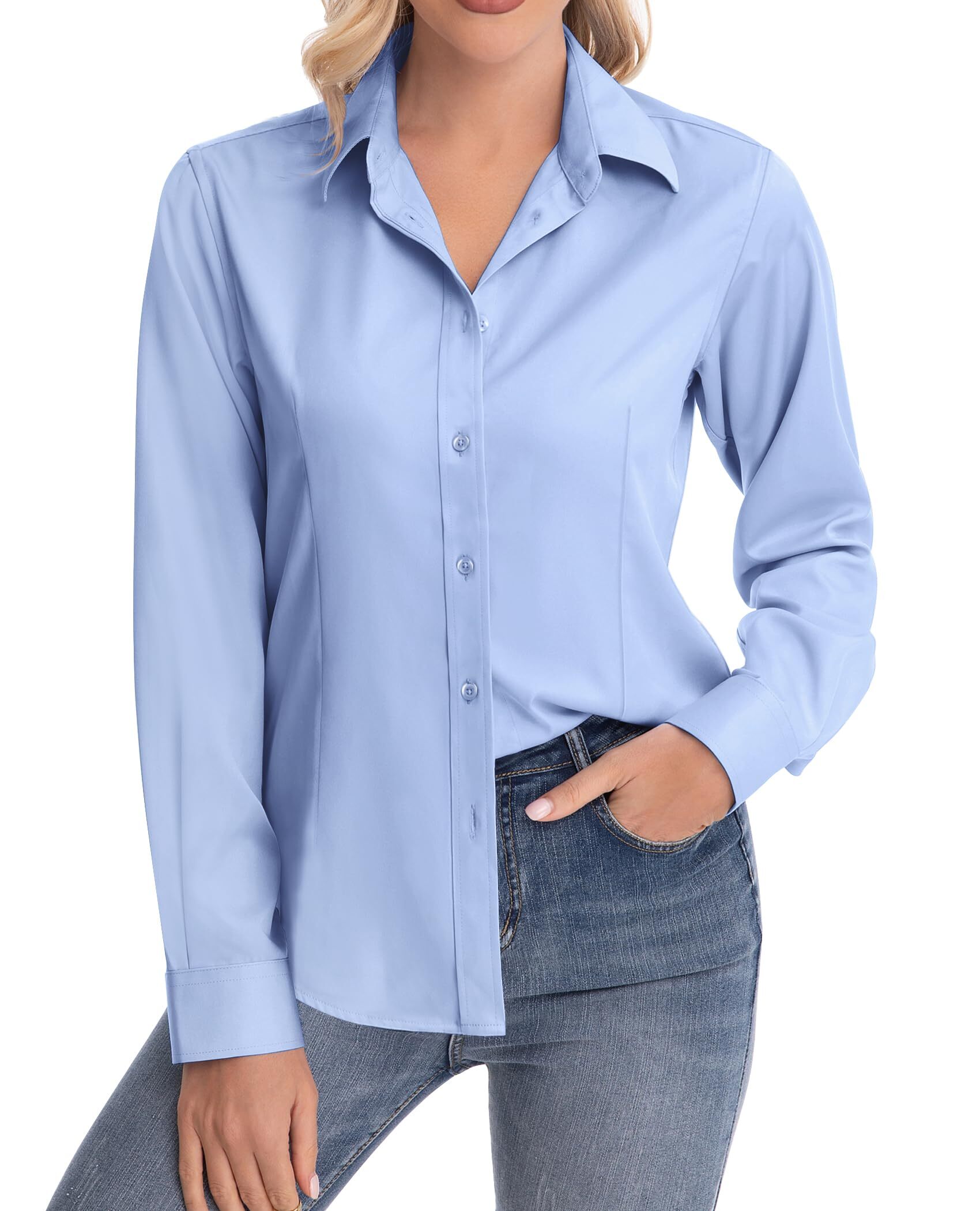 Siliteelon Womens Long Sleeve Work Blouse Wrinkle-Free Button Down ...