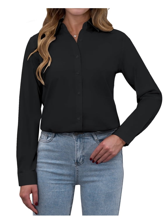 Womens Long Sleeve Work Blouses Tops Cotton Button Down Shirt