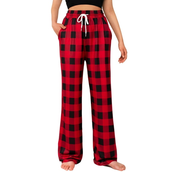 Siliteelon Womens Pajama Pants with Pockets Cotton Drawstring Classic Red Plaid Pants