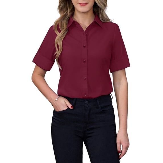 Dateplus Women's Dressy Casual Button Down Shirts Short Sleeve Collared Wrinkle Free Soft Stretchy Blouses Work Tops