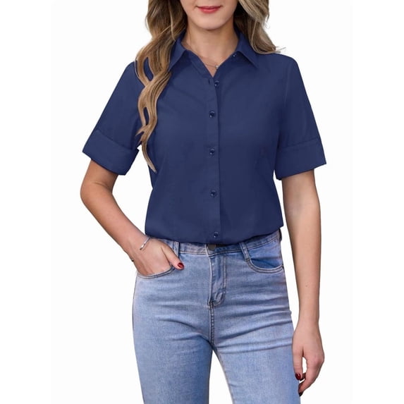 Dateplus Women's Dressy Casual Button Down Shirts Short Sleeve Collared Wrinkle Free Soft Stretchy Blouses Work Tops