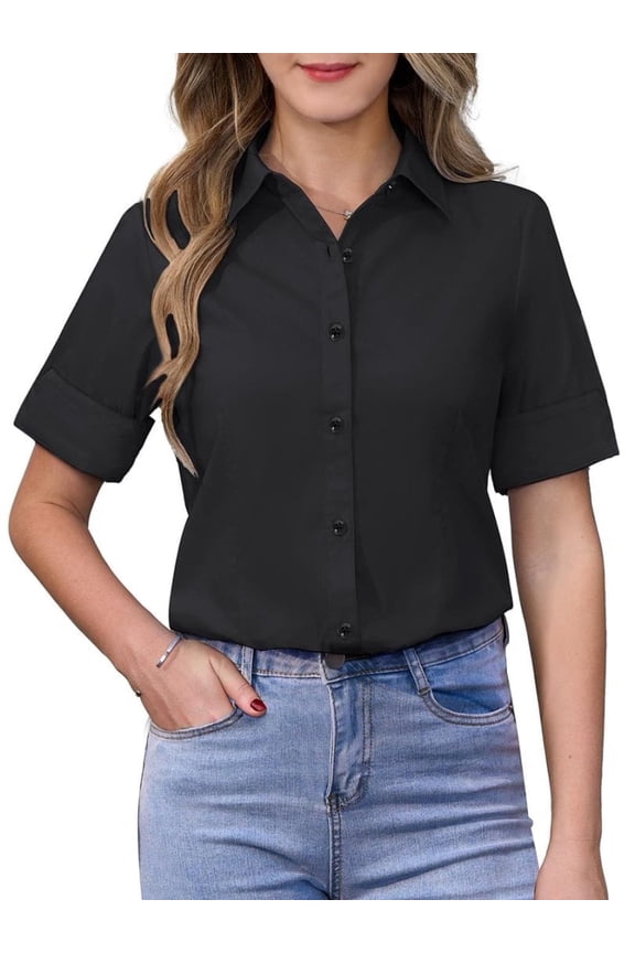 Women's Dressy Casual Button Down Shirts Short Sleeve Collared Wrinkle Free Soft Stretchy Blouses Work Tops