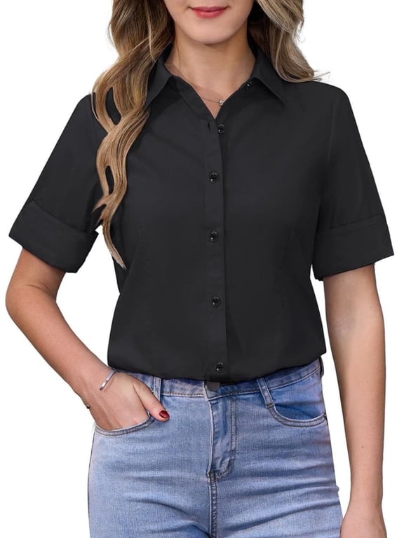 Women's Dressy Casual Button Down Shirts Short Sleeve Collared Wrinkle Free Soft Stretchy Blouses Work Tops