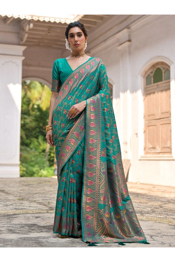 Silk All Over Thread Floral Motifs Stunning Saree With Contrast Tassels Pallu – Teal