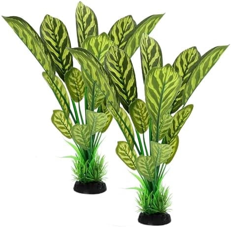 Silk Aquarium Plants, 12 Inch Artificial Silk Plants Decorations for Fish Tank,Aquarium Décor Plastic Plants (Green with Stripes, 2 Pack)