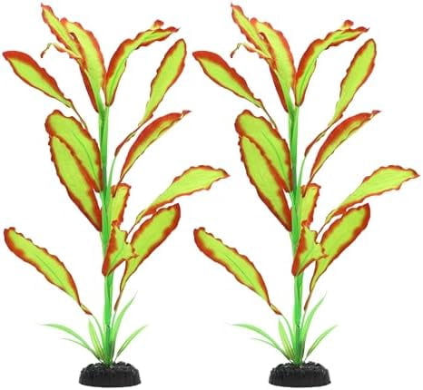 Silk Aquarium Plants, 16 Inch Artificial Silk Plants Decorations for Fish Tank,Aquarium Décor Plastic Plants (Light Green with Red, 2 Pack)