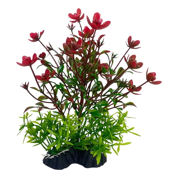 Silk Aquarium Plants, 9 in Height, 1 Pc, Small Fish Tank Decorations, Fake Small Plants, Artificial Greenery, Fish Tank Decor, Weighted Base, Red Blooms, Green Grass Lower Layer