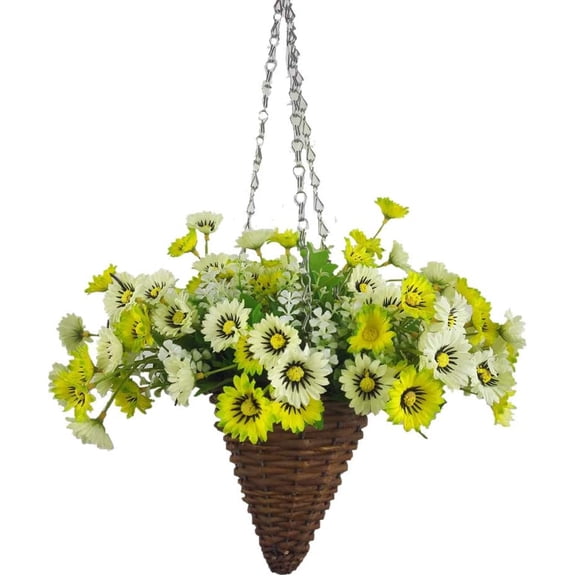 Silk Aster Flower Hanging Wicker Basket Cone Artificial Daisy Flower