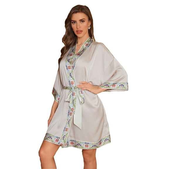 Silk Bathrobe for Women Nightgown Sleepwear Floral Kimono Robe for Spa