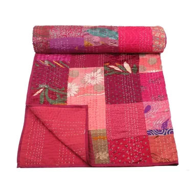 Silk Bedspread Multi Patchwork Kantha Bedcover Indian Handmade Throw Twin Size