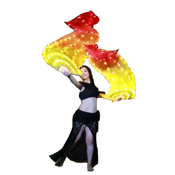 Silk Belly Dance LED Fans Veil - 1.8m Long Bamboo Fans Veil Hand Made LED Silk Fans,Yellow to Red