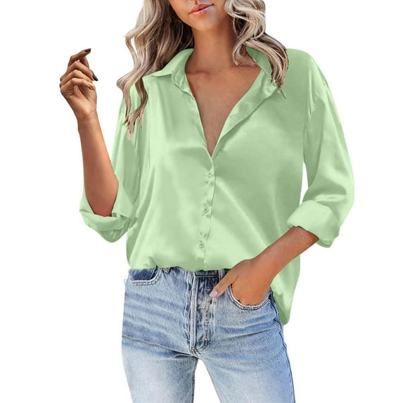 Silk Blouse for Women! Comdrip Women Satin Button Down Shirt Casual Long Sleeve V Neck Blouse Loose Business Work Tunic Tops Silk Button Down Shirts for Women Green2 M