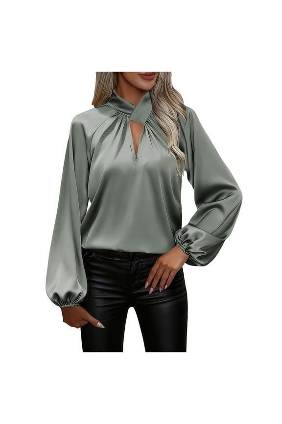 Silk Blouse for Women Dressy Casual Cross Collar Satin Loose Long Sleeve Shirts Fashion Eyelet Business Work Tops