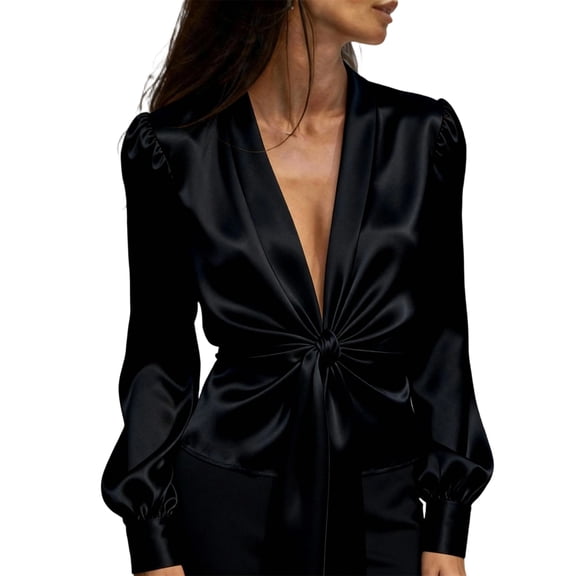 Silk Blouse for Women Elegant Wrap Satin Shirt Puff Sleeve Sexy V Neck Tie Front Belt Work Cocktail Wedding Guest Formal Top Black M