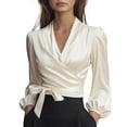 thumbnail image 1 of Silk Blouse for Women Elegant Wrap Satin Shirt Sexy Criss Cross Neck Long Sleeve Tie Waist Office Cocktail Formal Top Beige 2XL, 1 of 5