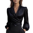 thumbnail image 1 of Silk Blouse for Women Elegant Wrap Satin Shirt Sexy Criss Cross Neck Long Sleeve Tie Waist Office Cocktail Formal Top Black M, 1 of 5