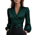 thumbnail image 1 of Silk Blouse for Women Elegant Wrap Satin Shirt Sexy Criss Cross Neck Long Sleeve Tie Waist Office Cocktail Formal Top Green L, 1 of 5