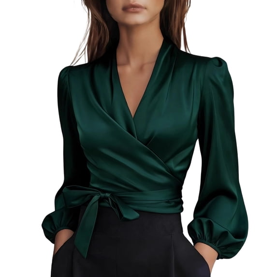 Silk Blouse for Women Elegant Wrap Satin Shirt Sexy Criss Cross Neck Long Sleeve Tie Waist Office Cocktail Formal Top Green L