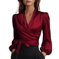 thumbnail image 1 of Silk Blouse for Women Elegant Wrap Satin Shirt Sexy Criss Cross Neck Long Sleeve Tie Waist Office Cocktail Formal Top Wine 2XL, 1 of 5