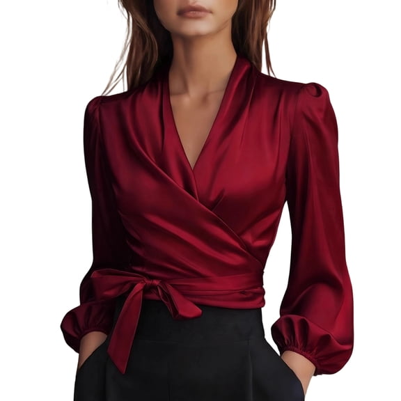 Silk Blouse for Women Elegant Wrap Satin Shirt Sexy Criss Cross Neck Long Sleeve Tie Waist Office Cocktail Formal Top Wine L