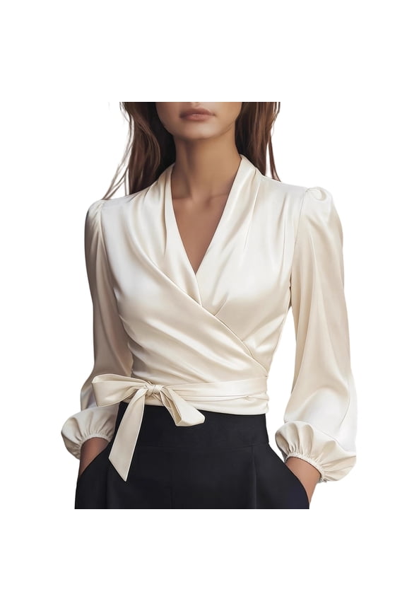 Silk Blouse for Women Elegant Wrap Satin Shirt Sexy V Neck Long Sleeve Tie Waist Office Cocktail Formal Top Beige XL