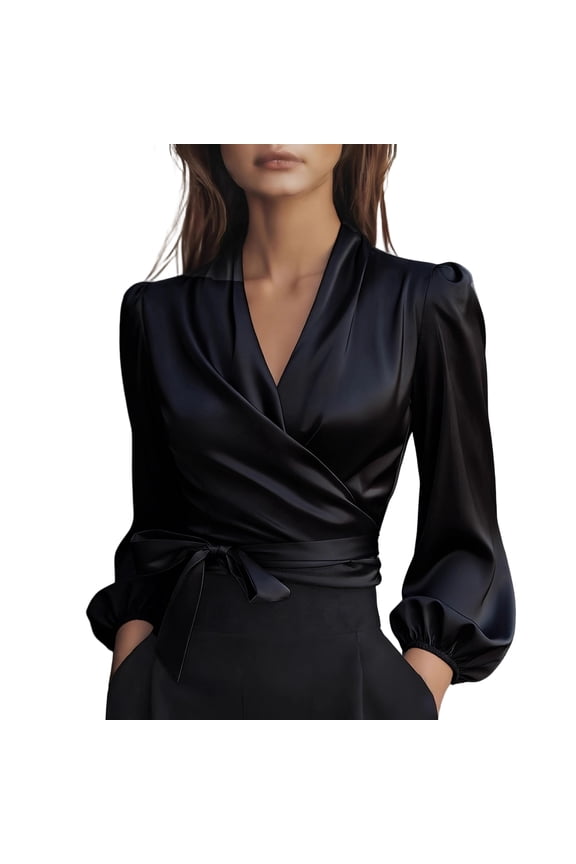 Silk Blouse for Women Elegant Wrap Satin Shirt Sexy V Neck Long Sleeve Tie Waist Office Cocktail Formal Top Black 2XL