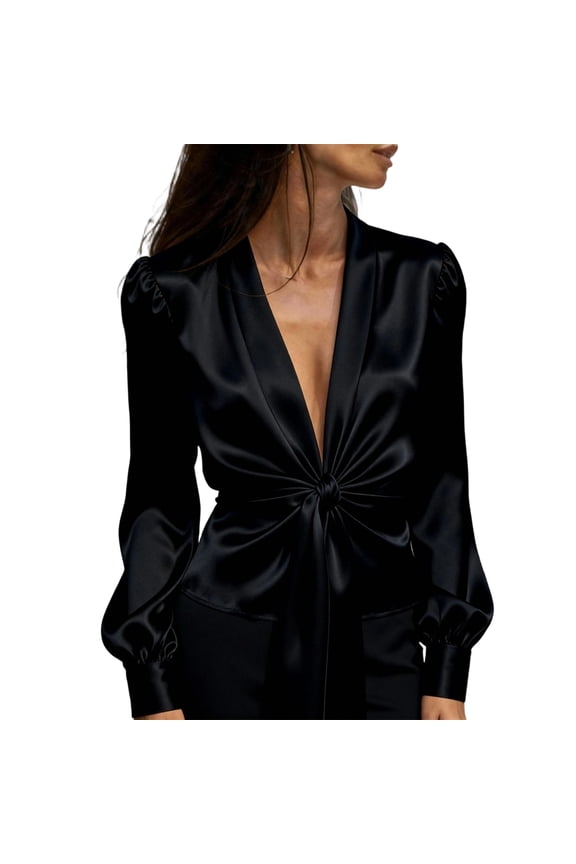 Silk Blouse for Women Elegant Wrap Satin Shirt V Neck Puff Sleeve Tie Front Belt Work Cocktail Wedding Guest Formal Top Black 2XL
