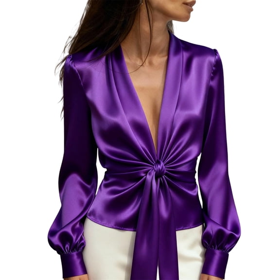 Silk Blouse for Women Elegant Wrap Satin Shirt V Neck Puff Sleeve Tie Front Belt Work Cocktail Wedding Guest Formal Top Purple M