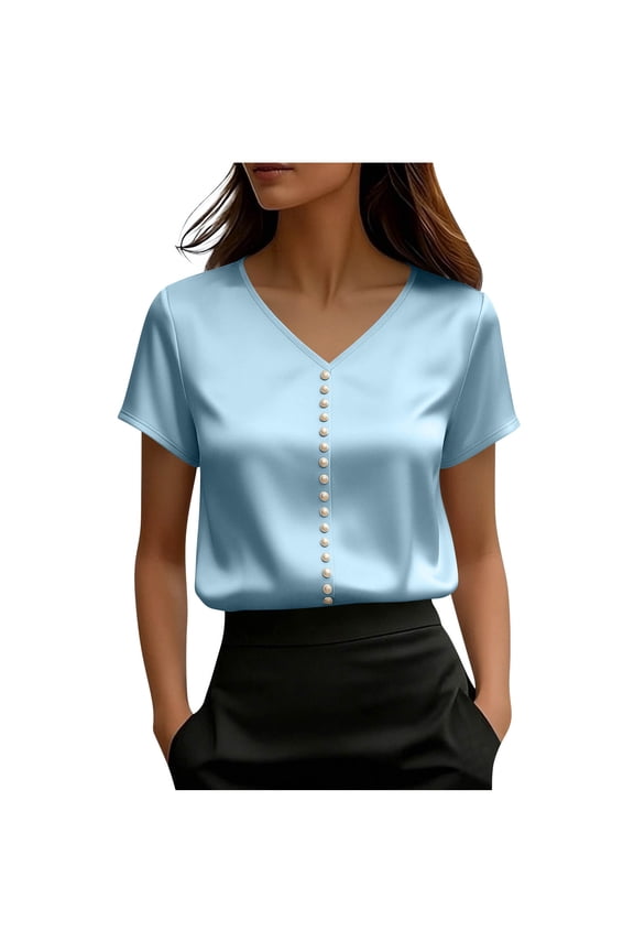 Silk Blouses for Women Elegant Smart Office Work Shirts Ladies Satin Shirt Pearls Short Sleeve V Neck Blouse Casual Smart Elegant Dressy Shirt Solid Color Business Formal Blouses