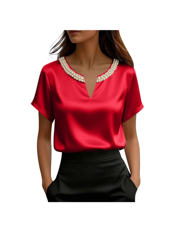 Silk Blouses for Women Elegant Smart Office Work Shirts Ladies Satin Shirt Pearls Short Sleeve V Neck Blouse Casual Smart Elegant Dressy Shirt Solid Color Business Formal Blouses