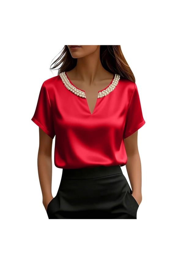 Silk Blouses for Women Elegant Smart Office Work Shirts Ladies Satin Shirt Pearls Short Sleeve V Neck Blouse Casual Smart Elegant Dressy Shirt Solid Color Business Formal Blouses